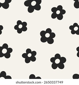 Padrão Daisy, impressão perfeita. Fundo floral infinito. Textura de poder de flor preto e branco no estilo retro groovy. Design repetível para têxteis, papel de parede e embalagem. Ilustração de vetor plano