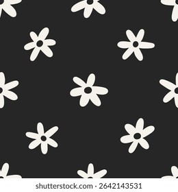Daisy pattern. Seamless repeating floral print for summer textile design. Modern doodle groovy flowers, texture in black and white. Nature background, endless backdrop. Flat vector illustration