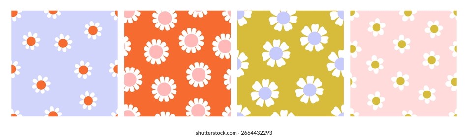 Daisy patterns. Seamless floral backgrounds set. Summer flowers, groovy repeating print, endless printable texture for fabric, textile, wallpaper and wrapping design. Flat vector illustration