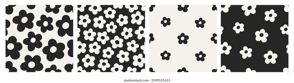 Daisy patterns set. Seamless groovy-style print, cute simple flowers. Floral textures, feminine backgrounds for trippy textile, fabric, wallpaper, wrapping design. Endless flat vector illustrations