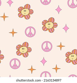 Daisy and peace symbol seamless pattern. Groovy hippie flower pattern