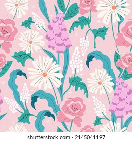 Daisy and peony seamless pattern with hand painted flowers. Floral hand drawn vector background. Perfect for creating fabrics, textiles, wrapping paper, packaging.