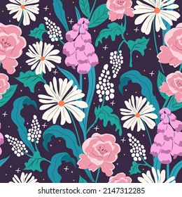 El margarita y la peonía se combinan perfectamente con las flores pintadas a mano. Fondo vectorial dibujado a mano floral. Perfecto para la creación de tejidos, textiles, papel de embalaje, embalaje.