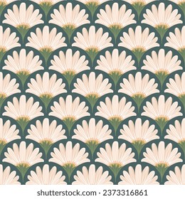 Daisy pink retro rococo seamless vector pattern. Meadow flower and leaves on dark background.