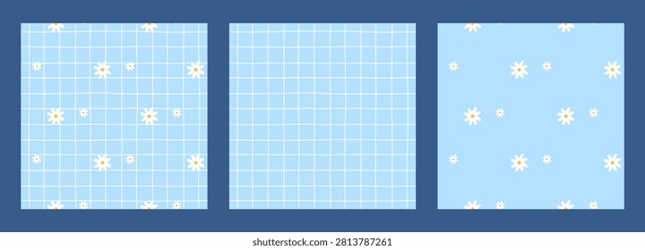 Daisy plaid seamless pattern with cute gingham check and spring pastel. Flowers for floral wallpaper chequered or checkered backgrounds. Mini grid of squares and stripes with pink dots.
