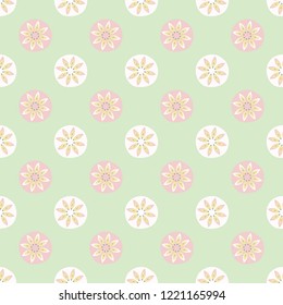 Daisy Polka Dot Seamless Vector Pattern. Spring Green Flower Circle. Hand Drawn Blossom Dots for Floral Textile Prints, Summer Decor, Pretty Backdrops. Feminine Packaging, Bright Gift Wrap, Wallpaper.