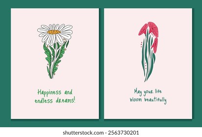 Daisy and Poppy Flowers Set with Handwritten Quotes Happiness Dreams. Floral Cards. Vector Flat Illustration on Light Background Isolated.