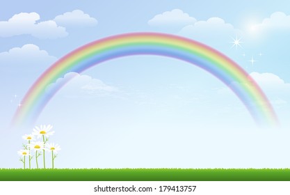 Daisy and rainbow against blue sky.  File contains Blending tool, gradient,Transparent. 