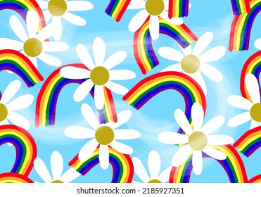 Daisy und Regenbogen auf blauem Hintergrund, Nahtloses Muster mit dunkler Blume, süßer Hintergrund, Vektorgrafik,