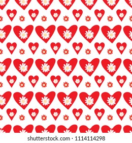 Daisy Red Heart Shapes, Seamless Pattern Background,Delightful Hand Drawn Heart Illustration for Wedding Invitations, Scrapbooking, Celebrations & Party Stationery, Vector Surface Pattern Design