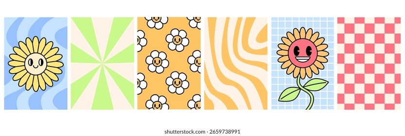 Daisy retro groovy padrões com cores vibrantes e vintage desenhos florais para fundos nostálgicos ou papel de parede decorativo com apelo estético alegre. Elementos de design arrojados para cartaz moderno.