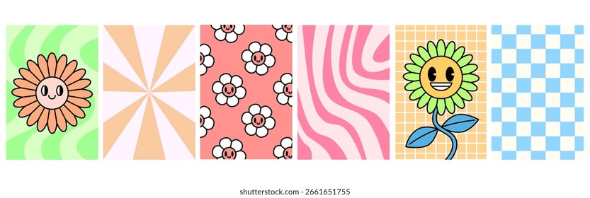 Daisy retro groovy patterns with vibrant colors and vintage floral designs for nostalgic backgrounds or decorative wallpaper with cheerful aesthetic appeal. Bold design elements for modern poster.