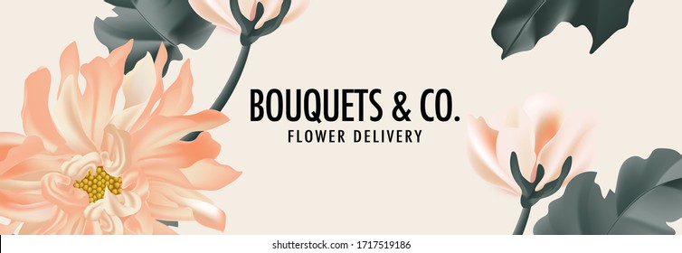 Daisy rose design, summer romantic header. Wide horizontal botanical tender beige frame. Nature advertising bouquet vector design banner. Vector.