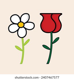 Daisy and Rose flowers with leafs, petals and stem vector line art
