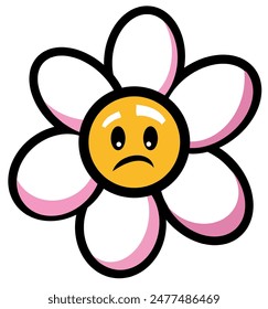 Daisy sad flower with cartoon funny face, chamomile character, mascots, badge and sticker, cartoon vector illustration. Humanized, Daisy flower with sad face. Glamor vector Y2k, 00s