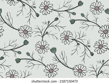 Daisy Seamless Pattern. Black contour on white background. Simple vector illustration