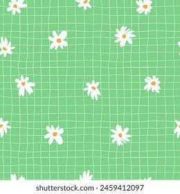 Daisy seamless pattern. Colorful summer flowers background. Chamomiles on green checkered backdrop. Wildflowers wallpaper, repeating tile for tablecloth, kitchen textile, tea towel fabric, kids cloth
