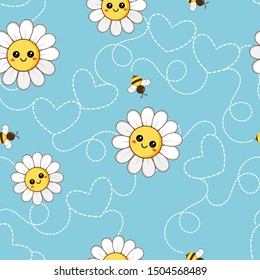 Daisy Seamless pattern with cute bees on blue background, happy face cartoon character vector illustration