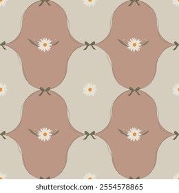 Daisy seamless pattern with damask ornament. Vector flat wildflowers geometric vintage design with bows