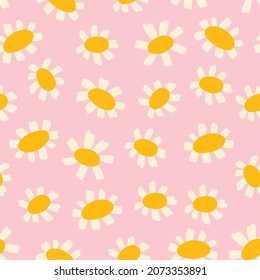 Daisy seamless pattern. Delicate pink cute wildflower background for baby textile. Trendy doodle floral simple summer print. Scandinavian meadow modern feminine texture.