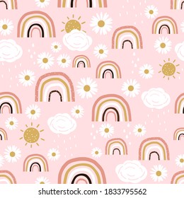 Daisy seamless pattern with doodle rainbows, sun, cloud and rain on pink background vector illustration. 