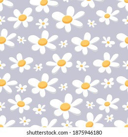 Daisy seamless pattern. Endless floral motif with white camomiles on grey background for wrapping paper, fabric, textile, packaging designs. Modern illustrati0on in flat style