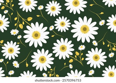 Daisy seamless pattern. Green color background, Vintage Floral patterns seamless embroidery texture ethnic batik Denmark daisy Flower motifs paisley wallpaper Vector illustration, fabric, blooming