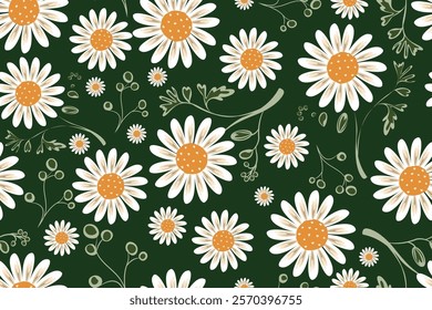 Daisy seamless pattern. Green color background, Vintage Floral patterns seamless embroidery texture ethnic batik Denmark daisy Flower motifs paisley wallpaper Vector illustration, fabric, blooming