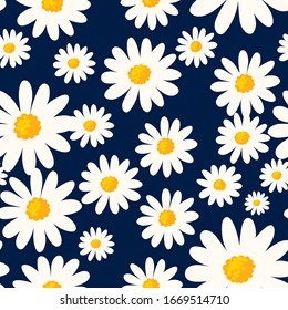 Daisy seamless pattern on dark blue background. Floral ditsy print with small white flowers. Chamomile design great for fashion fabric, trend textile and wallpaper. Vector