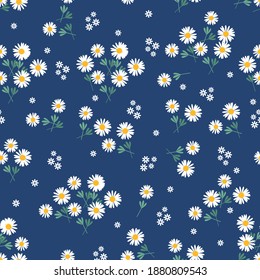 Daisy seamless pattern on dark blue background vector illustration. Cute floral print.