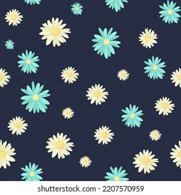 Daisy seamless pattern on dark blue background. Floral ditsy print with small white flowers. Chamomile design great for fashion fabric, trend textile and wallpaper. Vector