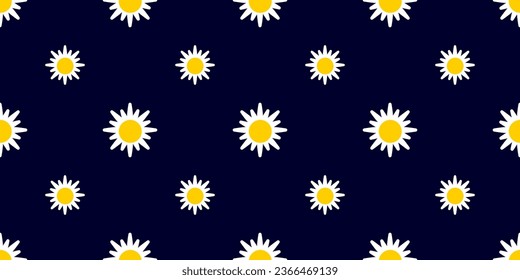 Daisy seamless pattern on dark blue background. flowers in yellow and white. Suitable for fashion fabrics, trend textiles and wallpapers. Vector