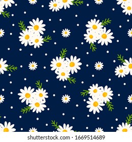 Daisy seamless pattern on dotted background. Floral ditsy print with small white flowers with green leaves. Chamomile design. Vector illustrtion. 