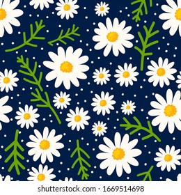 Daisy seamless pattern on dotted background. Floral ditsy print with small white flowers with green leaves. Chamomile herbal design. Vector illustrtion. 