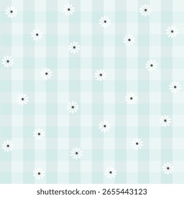 Daisy seamless pattern on hand drawn checked background. Floral ditsy print with small white, green background, Chamomile trend design great for fashion fabric, kitchen textile and wallpaper. Vector