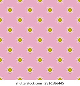 Daisy seamless pattern on pink background. Flat design.