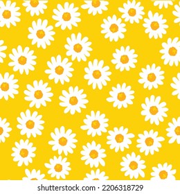 Daisy seamless pattern on yellow background. Floral ditsy print with small white flowers and leaves. Chamomile design great for fashion fabric, trend textile and wallpaper. Vector