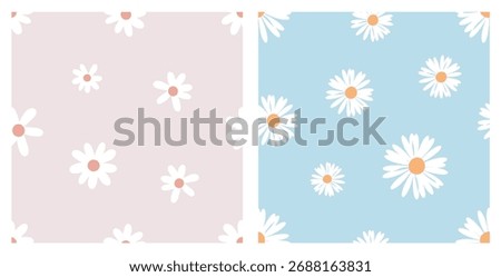 Daisy seamless pattern in pastel pink and baby blue, white petals with warm centers on soft backgrounds, cute minimalist floral repeat for fabric, wallpaper, wrapping and nursery decor.