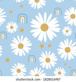 Daisy seamless pattern with stars and rainbows on blue background vector illustration.