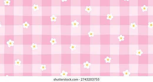 Daisy seamless pattern vector with white flowers on pink gingham background. Cute floral vichy check for spring, kids textile, stationery, wrapping paper. Sweet, stylish, modern doodle.