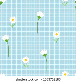 Daisy seamless pattern, White daisies on light blue background,cute garden flower vector illustration