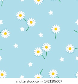 Daisy seamless pattern, White daisies with star on blue background vector illustration.