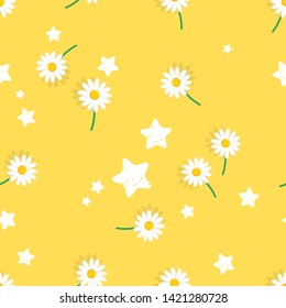 Daisy seamless pattern, White daisies with star on yellow background vector illustration.