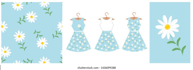 Daisy seamless pattern, White daisies on a blue background. refreshing flower for cheerful summer vector illustration with daisy flower dress.