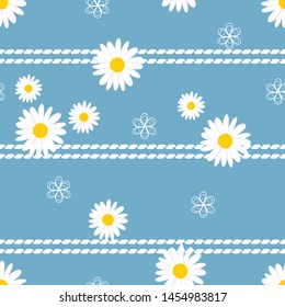 Daisy seamless pattern, White daisies on blue jeans color background. fabric print