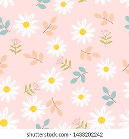 Daisy seamless pattern, White hand drawn daisies with leaves  on pink background. Field of flowers