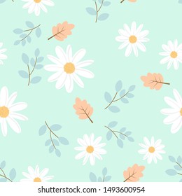 Daisy seamless pattern, White hand drawn daisies with leaves on blue background. Field of flowers vector illustration.

