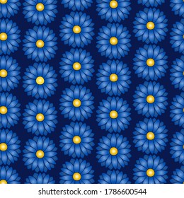 Daisy. Seamless vector pattern. An endlessly repeating ornament. Isolated blue background. Idea for web design, wallpaper, cover, packaging. Flat style. Bright floral background. Summer flower. 
