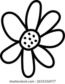 Una margarita con seis pétalos y un centro punteado dibujado en líneas en negrita. La flor se representa en un estilo de contorno minimalista. Ilustración vectorial de dibujos animados.