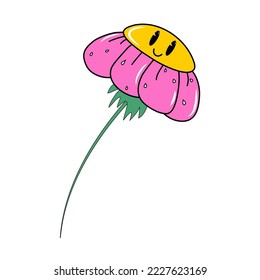 Daisy with a smile. Character in the style of the 60s.White background. isolated. Vector stock illustration